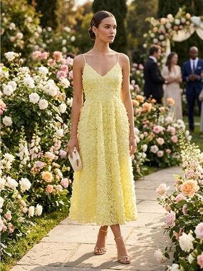 H&M Trend 3D Floral Lace Midi Dress - HTF - Yellow - US 6 - Pristine WEDDING